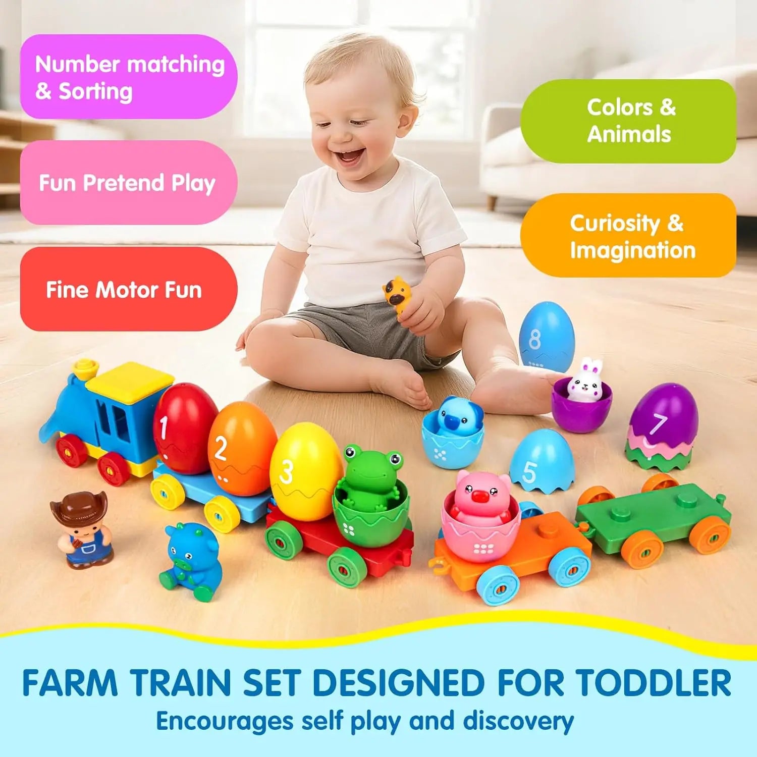 Toddler Learning Toys for 1 2 3 Years Old, Color Matching & Sorting Montessori Farm Train Set, Fine Motor Skill Gift for Toddler